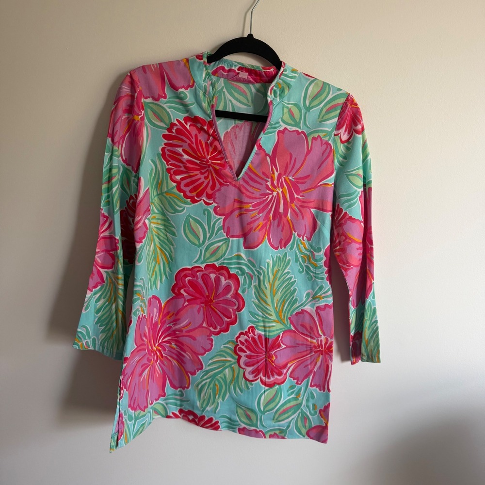 Lilly Pulitzer Pink Turquoise Floral Cotton Top Split Neck 3/4 Sleeve Small